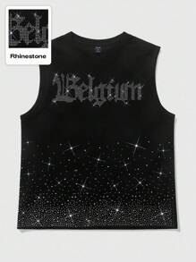 ROMWE MEN Goth Unisex English Graphic Rhinestone Decor Streetwear Tank Top, Halloween - Black - View 3