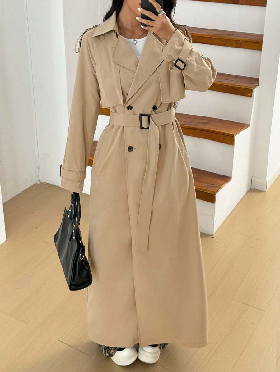 SHEIN EZwear 女士休闲日常春秋季翻领双排扣长款风衣 - 卡其色 - 查看 1