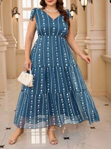 SHEIN Clasi 大码女式花卉刺绣网眼扭肩无袖优雅连衣裙 - 藏蓝色 - 查看 1