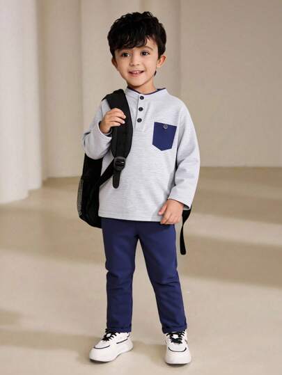SHEIN Toddler Boys Patched Pocket Polo Shirt & Trousers