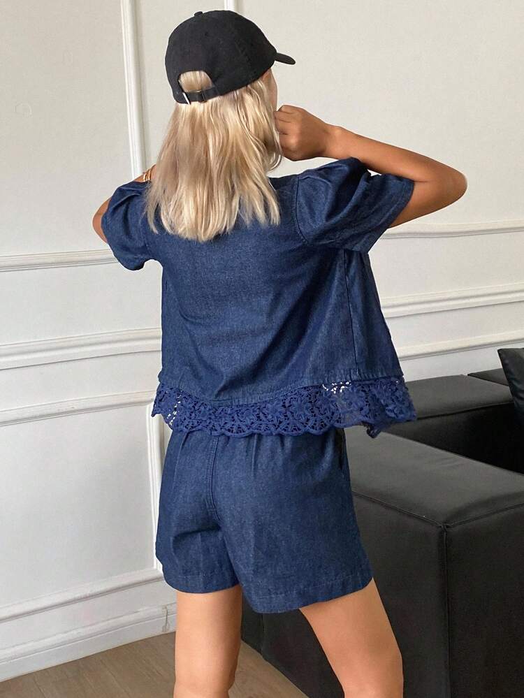 Dark Wash Denim Style Contrast Lace Puff Sleeve Casual Top & Elastic Waist Shorts Set