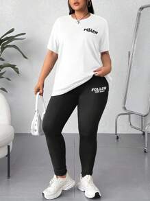 SHEIN EZwear 大码夏季休闲字母印花短袖T恤和紧身裤两件套 - 黑與白 - 查看 9