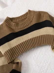 SHEIN Tween Girls Brown Color Stripe Pattern Drop Shoulder Super Crop Y2K Grunge Sweater, Suitable For Daily Wear, Casual Occasion,In Fall/Winter