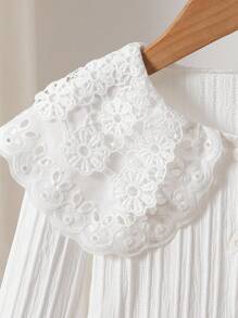 SHEIN 女孩优雅蕾丝边刺绣双层彼得潘领长袖抽绳前扣休闲公主衬衫，适合度假、旅行、派对、生日礼物、春秋、返校秋冬 - 白色 - 查看 5