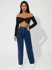 EURMUSE Casual High Waist Tapered Washed Denim Jeans - Dark Wash - View 3