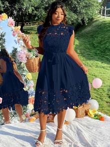 Rometta Vestido elegante de mujer con cuello mao, silueta evasé y mangas de vuelo, con parches de encaje, cinturón en la cintura, en estilo chic francés - Azul Marino - Ver 7