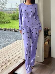 SHEIN Bộ đồ ngủ in hình trái tim màu tím, áo cổ tròn và quần dài tay, bộ đồ ngủ in hình trái tim màu tím thoải mái, bộ đồ ngủ màu hoa oải hương, quần áo thu đông - Màu tím - Xem 5