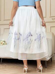 SHEIN Clasi 大码女式印花网眼拼布高腰喇叭裙，夏季 Fairycore 波西米亚风半身裙，夏威夷风情，商务休闲女装，教师风，办公室风，夏季女士，机场，外出，机场旅行，女士办公室着装，白色欧根纱裙