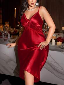 SHEIN 2pcs Plus Size French Elegant Lace Patchwork Robe & Nightgown Set Red Night Gown - Burgundy - View 3