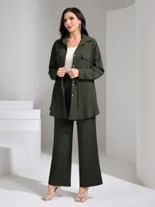 Graceveil Flap Pocket Drawstring Waist Shirt & Wide Leg Pants 2 Pieces Set Modest - Army Green - View 4