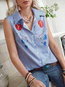 LanaWest 女士条纹花卉图案随机单排扣休闲无袖衬衫 - 藍色 - 查看 5