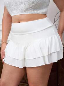 SHEIN Tall CURVE 夏季大码纯色多层休闲迷你裙 - 白色 - 查看 4