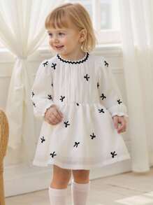 Souflis Souflis Baby Girls' Elegant Bowknot Embroidered Long Sleeve Silk Blend Dress, Autumn/Winter