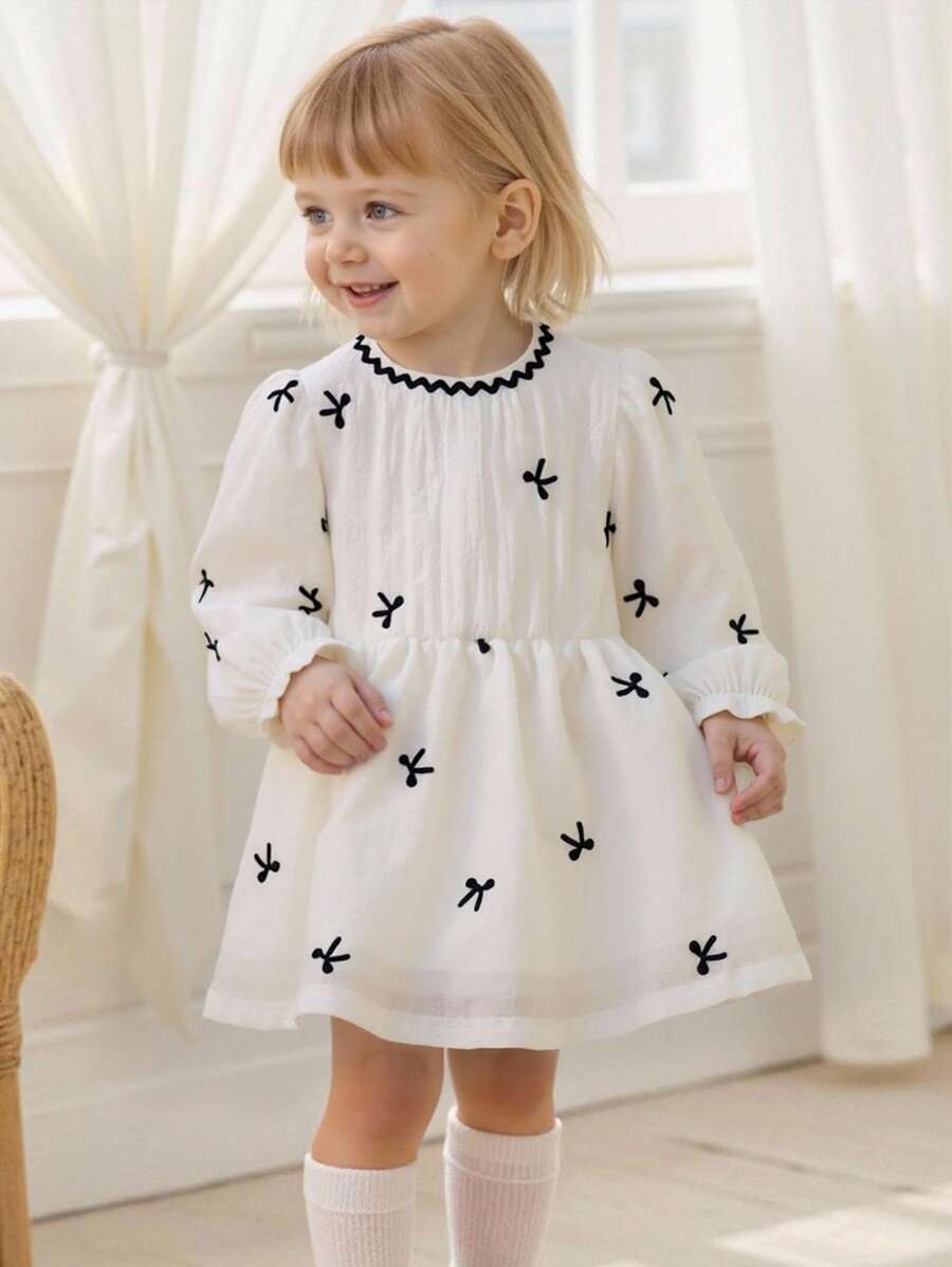Souflis Souflis Baby Girls' Elegant Bowknot Embroidered Long Sleeve Silk Blend Dress, Autumn/Winter