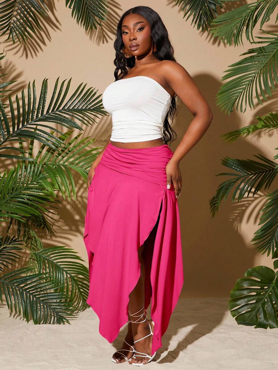 SHEIN SXY Plus Size Women 2025 Spring Summer New City Vacation Solid Color Pleated Waist Asymmetrical Hemline High Slit Sexy Skirt, Suitable For Beach Vacation, Date Night, Birthday, Bachelorette Party, Cute, Casual, Shopping, Streetwear, Going Out, Easy To Match & Looks Slim, Accent Your Body, Flatter The Figure; Asymmetrical Skirt; High Slit Skirt; Skirt; Wrap Around Skirt; Vacation