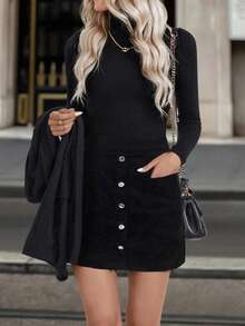 SHEIN LUNE 女式休闲纯色纽扣前开裙 - 黑色 - 查看 3