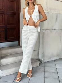 2 peças/Conjunto Mulher Férias Cor Sólida Torção Bainha Regata Tricô e Calça Longa Conjunto - Bege - Visão 7