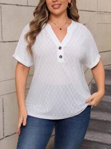 SHEIN Plus Size Summer Casual Solid Color Textured Boat Neck Blouse - White - View 1