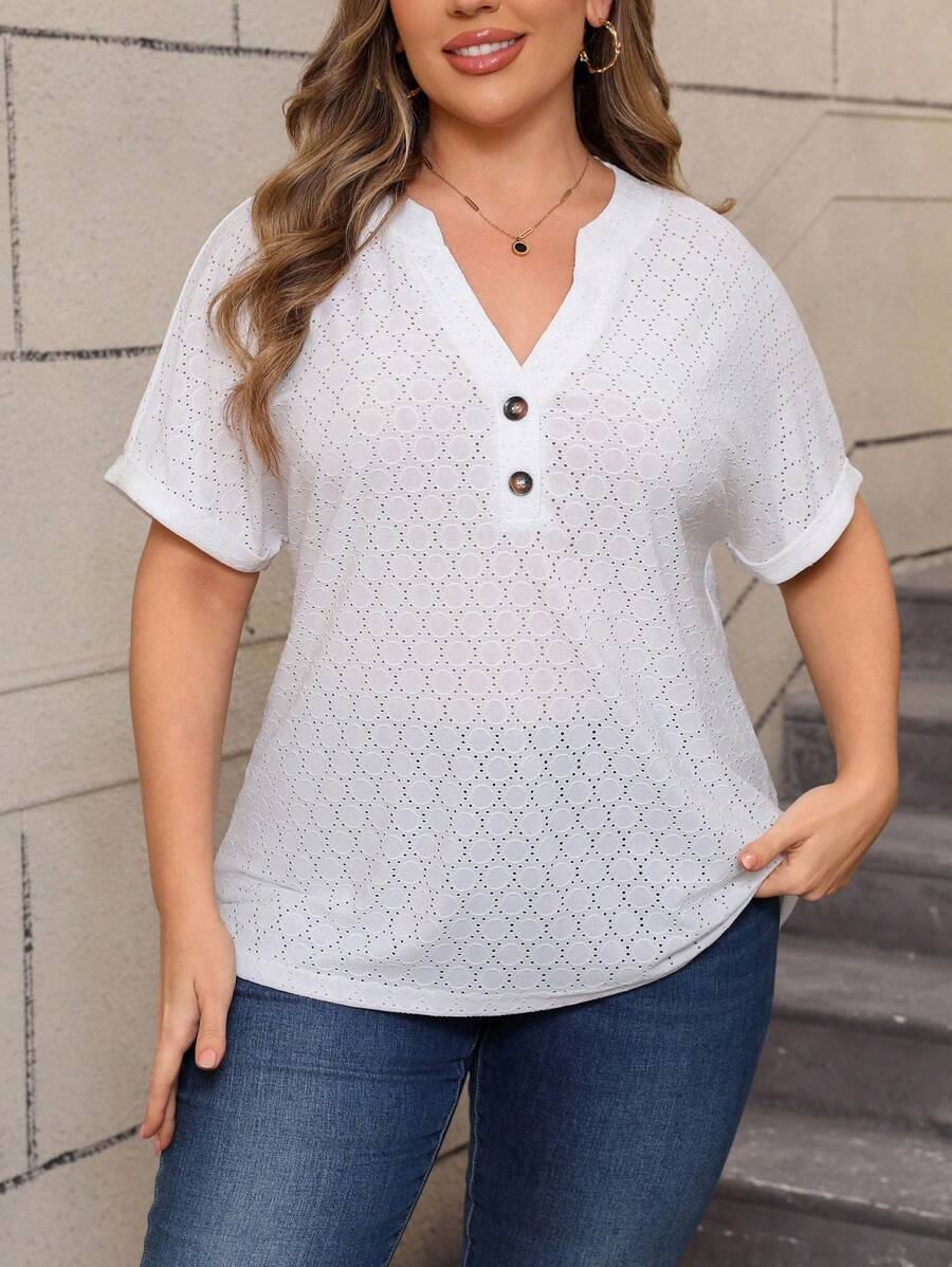 SHEIN Plus Size Summer Casual Solid Color Textured Boat Neck Blouse - White - View 1
