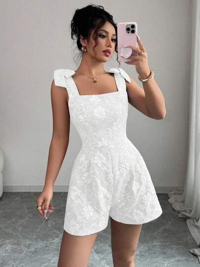 Selianne 女士音乐节方领无袖系带肩蝴蝶结纹理面料连体衣