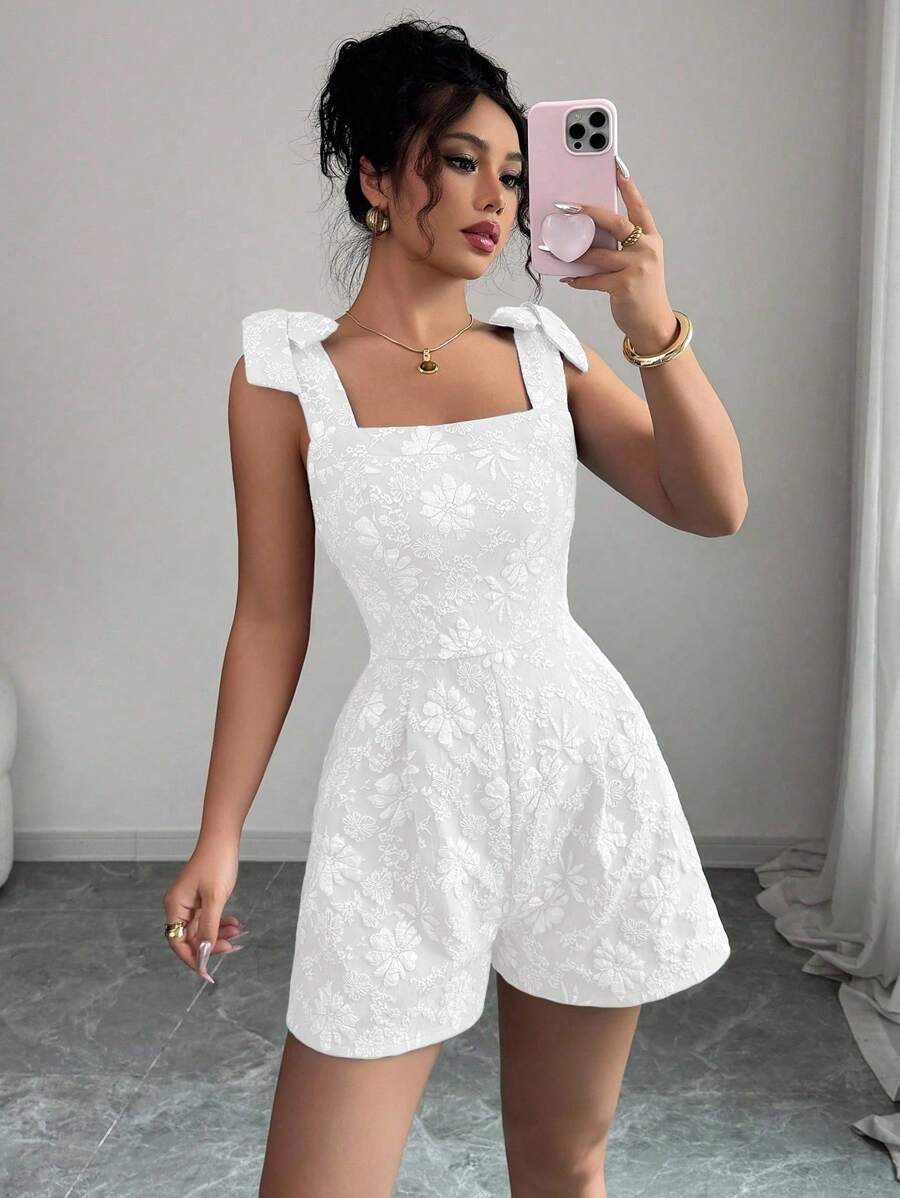 Selianne 女士音乐节方领无袖系带肩蝴蝶结纹理面料连体衣 - 白色 - 查看 1