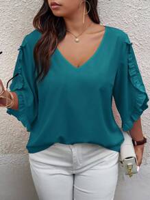 Calvaya Plus Size Summer Casual Solid Color Ruffle Trim Blouse,Valentine - Teal Blue - View 3