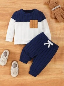 SHEIN Set de 2 piezas de body y pantalón para bebé recién nacido de manga larga con cuello redondo, botones en el hombro, bolsillo, rayas multicolor y cintura elástica, adecuado para primavera/otoño/invierno