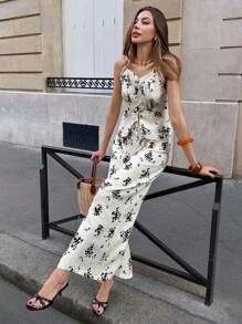 Chiquease Bộ 2 món/Bộ đồ lót nữ mùa hè bằng vải lanh cotton in hoa và quần thường ngày - Đen và trắng - Xem 5