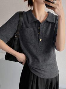 FRIFUL 女式修身 Polo 领金属纽扣装饰短袖 T 恤，夏季 - 黑色 - 查看 4