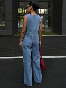 DAZY 女式 V 领无袖半扣前开襟连体裤，夏季都市休闲连体裤 - 中等水洗藍 - 查看 3
