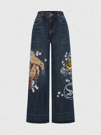 Fairycore Jeans à jambes larges lâches avec broderie de dragon chinois et de pivoine, style vestimentaire de rue vintage Y2K, unisexe