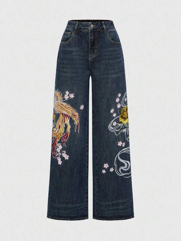 ROMWE Fairycore Vintage Y2K Streetwear Chinese Dragon & Peony Embroidery Loose Wide Leg Jeans, Unisex