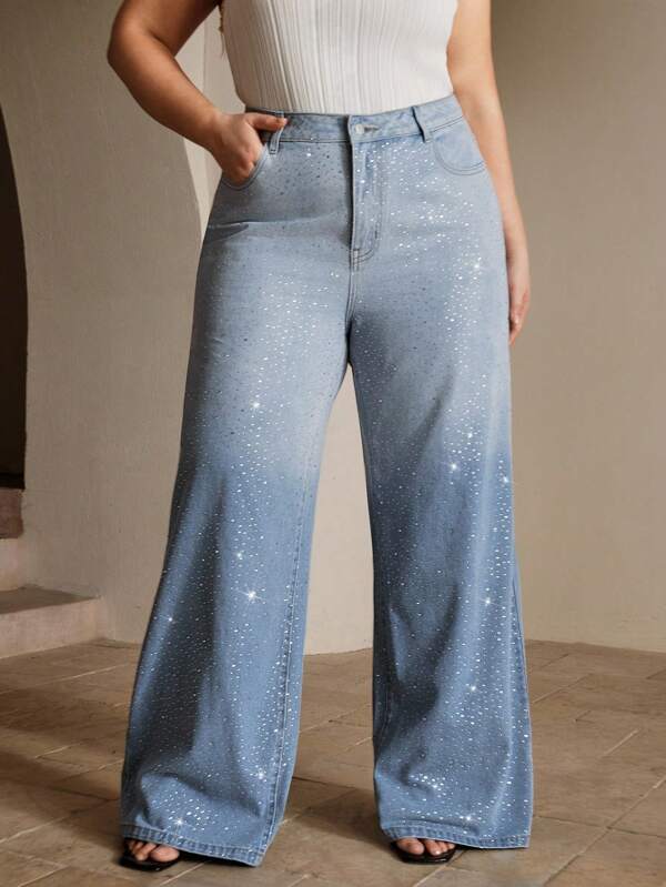 Anewsta Jeans anchos relajados con gran cantidad de bordados para mujer de talla grande, adecuados para eventos elegantes, festivales, días festivos y vacaciones