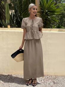 Livesso 2pcs/Set Women Summer Solid Color Front Tie Ruffle Hem Top And Skirt Set
