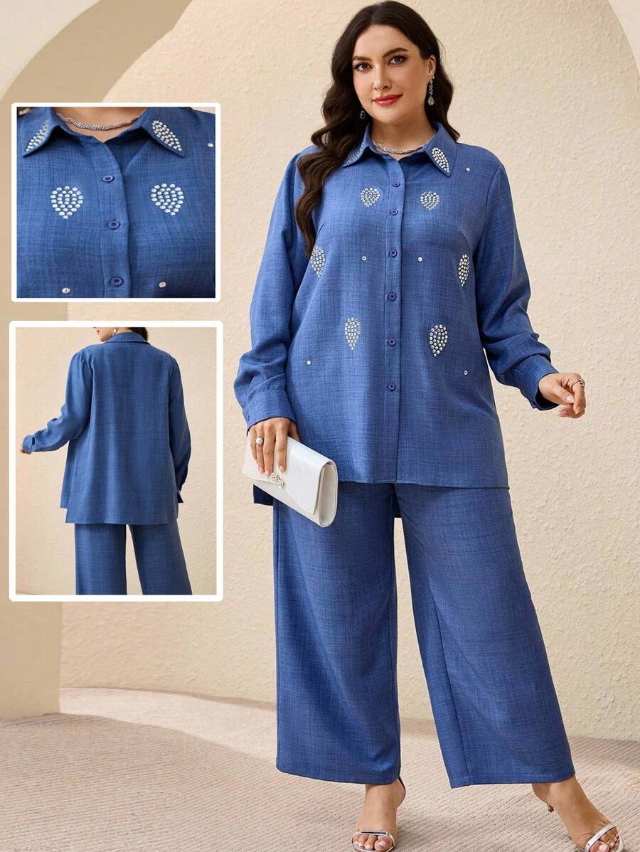 Veilorie 2pcs Plus Size Elegant Business Rhinestone Decor Shirt And Pants Set - Navy Blue - View 1