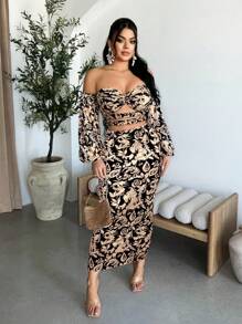 SHEIN SXY 休闲时尚全身印花性感露肩女式上衣 - 黑色 - 查看 4