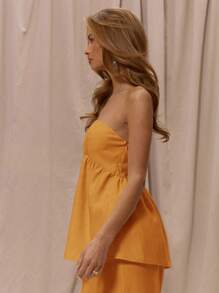 MUSERA 无肩带修身胸部宽松荷叶边无肩带长款上衣（仅限春季度假优雅沙滩装波西米亚浪漫伊比沙亚麻质感外出上衣优雅嘉年华节日夏季复活节 - 橘色 - 查看 2