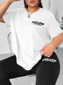 SHEIN EZwear 大码夏季休闲字母印花短袖T恤和紧身裤两件套 - 黑與白 - 查看 11