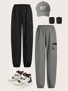 SHEIN 2 件套青少年男孩休闲宽松纯色口袋弹性袖口梭织长裤，百搭 - 灰色 - 查看 8