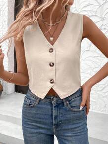 SHEIN LUNE Office Lady V-Neck Solid Color Single Breasted Vest Shirt For Women
