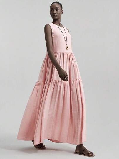 Ontre 2026SS New Arrival Spring Summer Women's Long Solid Color Sleeveless Maxi Dress, Woven Fabric, Suitable For Valentine's Day, Wedding Season, Wedding Guest Attire, Holiday Celebration, Romantic Valentine's Day, Casual Minimalist Big Dress Minimalist Camisole Dress, Casual Resort, Minimalist Versatile Business Casual Women's Dress, Comfortable Minimalist Elegant Teacher's Day Outfit, Tea Party Outfit, Party Outfit, Casual Loose Daily Office Outfit, Holiday Outfit, Back To School Light Vacation Style Daily Wear