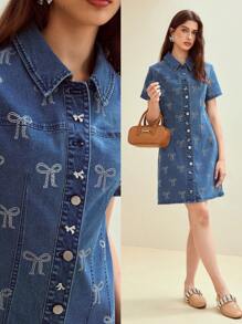 MOTF STUDIO RHINESTONE BOW DETAIL BUTTON UP DENIM DRESS - Blue - View 1