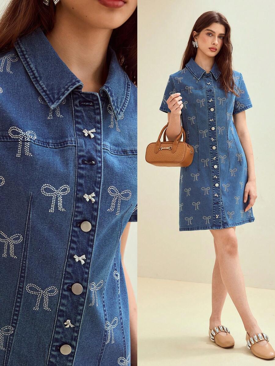 MOTF STUDIO RHINESTONE BOW DETAIL BUTTON UP DENIM DRESS - Blue - View 1