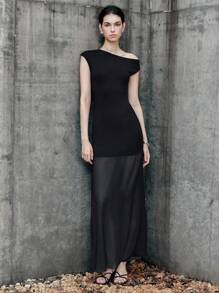 Chiquease Halloween Women's Elegant Cold-Shoulder Asymmetric Neck Chiffon Patchwork Sheer Hem Cinched Waist Dress