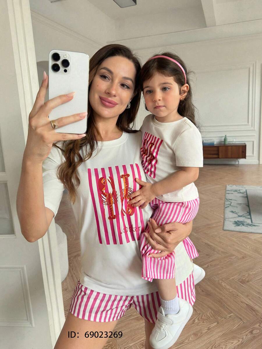 SHEIN 婴幼儿印花针织T恤和条纹梭织裤，母婴套装（2套单独出售）