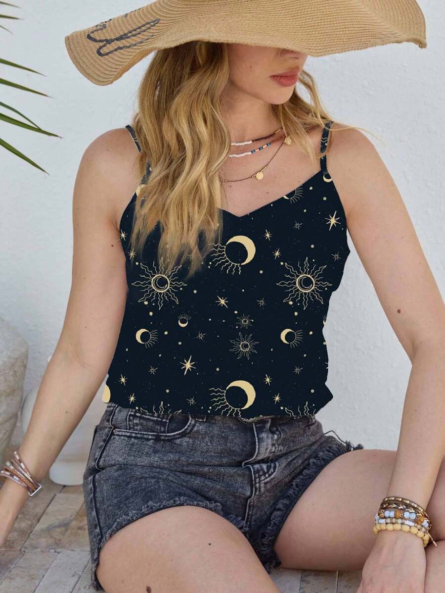 Glamance Juliana Mattos 女式休闲宽松V领吊带背心春夏碎花背心花朵上衣夏季休闲上衣玫瑰上衣夏季秋季女装 - 綠色 - 查看 1