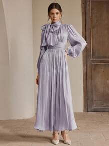 Anewsta 女士长裙，春秋，腰部褶皱闪亮设计，优雅百搭 - 淡紫色 - 查看 3