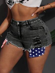 Slaydiva Plus Size Sexy Slim Fit Elastic Denim Shorts, Summer USA 4th Of July - Black - View 3