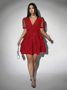 Viva Relle 大码女式时尚优雅V领系带多层连衣裙 - 紅色 - 查看 3