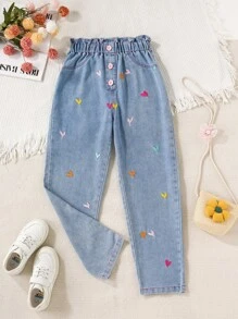SHEIN Y2K 风格水洗浅色休闲宽松心形刺绣腰带阔腿牛仔裤，适合青少年女孩，简约百搭，适合日常穿着 - 淺色水洗藍 - 查看 1